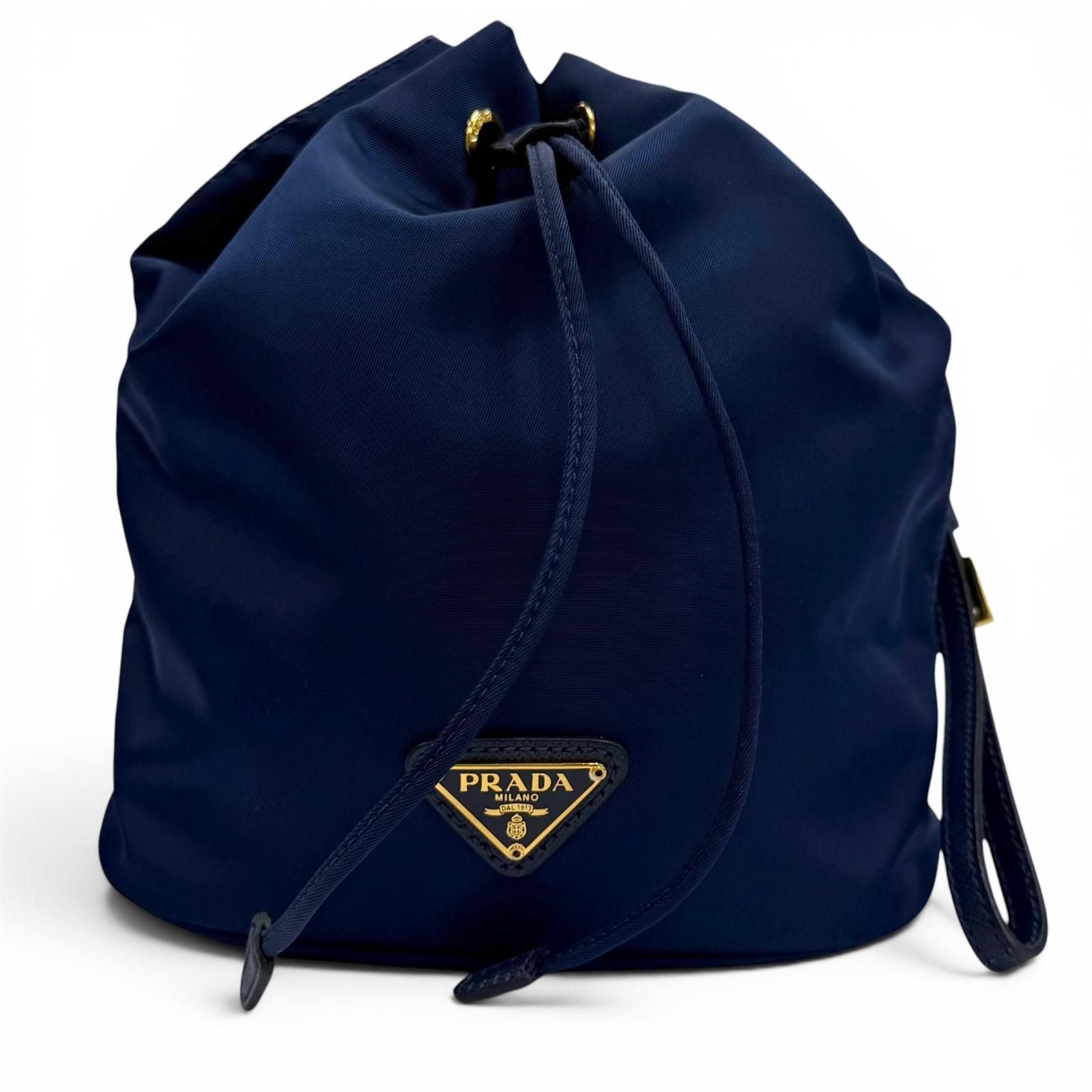 Prada Royal Leather Triangle Logo Tessuto Drawstring Pouch Gold