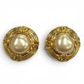 Chanel Vintage Faux Pearl CC Logo Earrings Gold Ivory