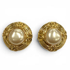 Chanel Vintage Faux Pearl CC Logo Earrings Gold Ivory
