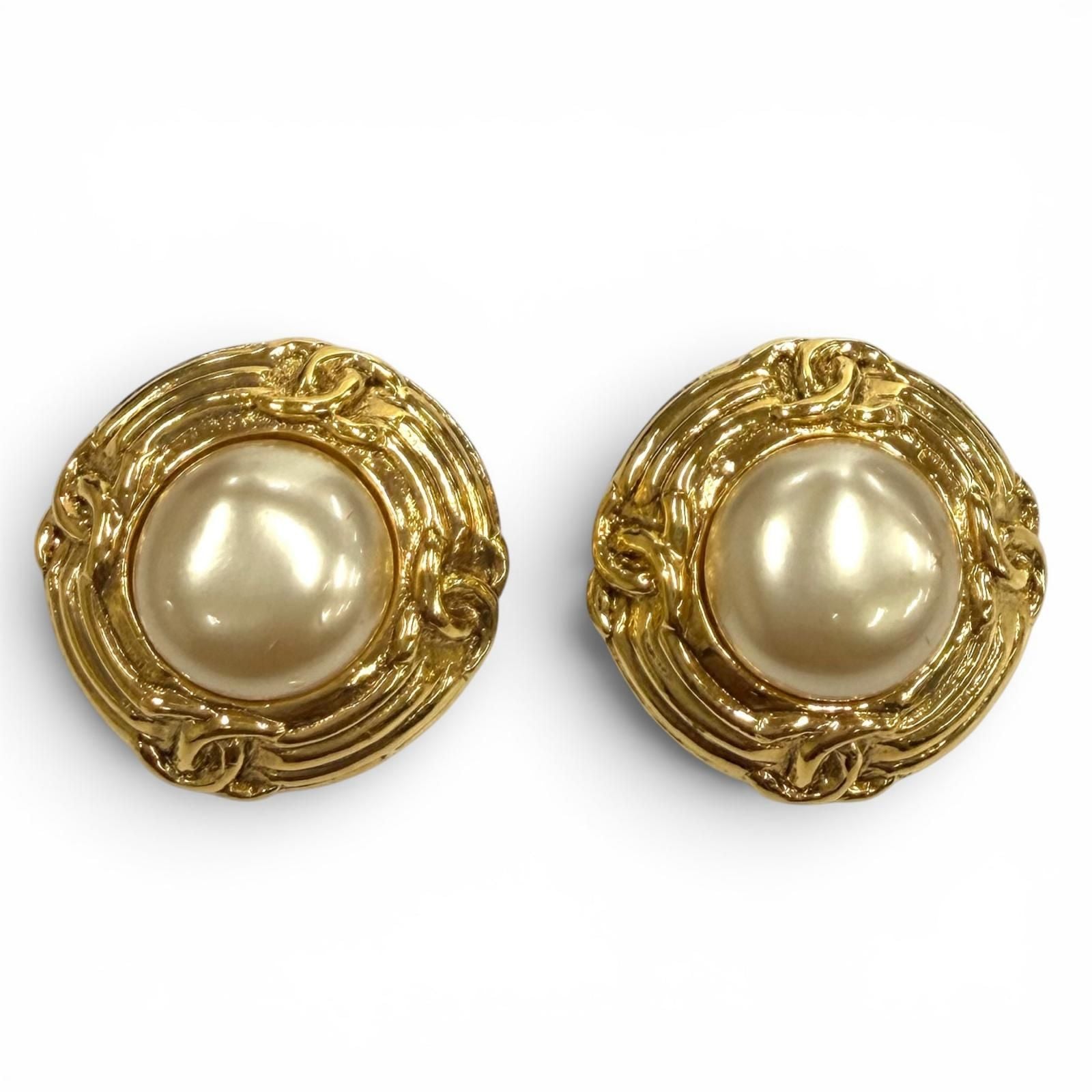 Chanel Vintage Faux Pearl CC Logo Earrings Gold Ivory