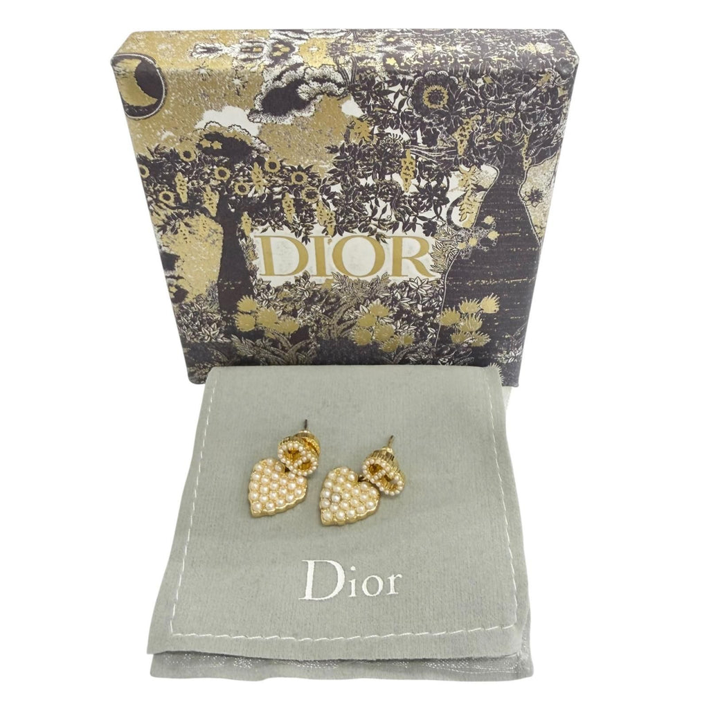 Dior Faux Pearl CD Logo Heart Motif Earrings Fringe for Both Ears Gold Box — view 2