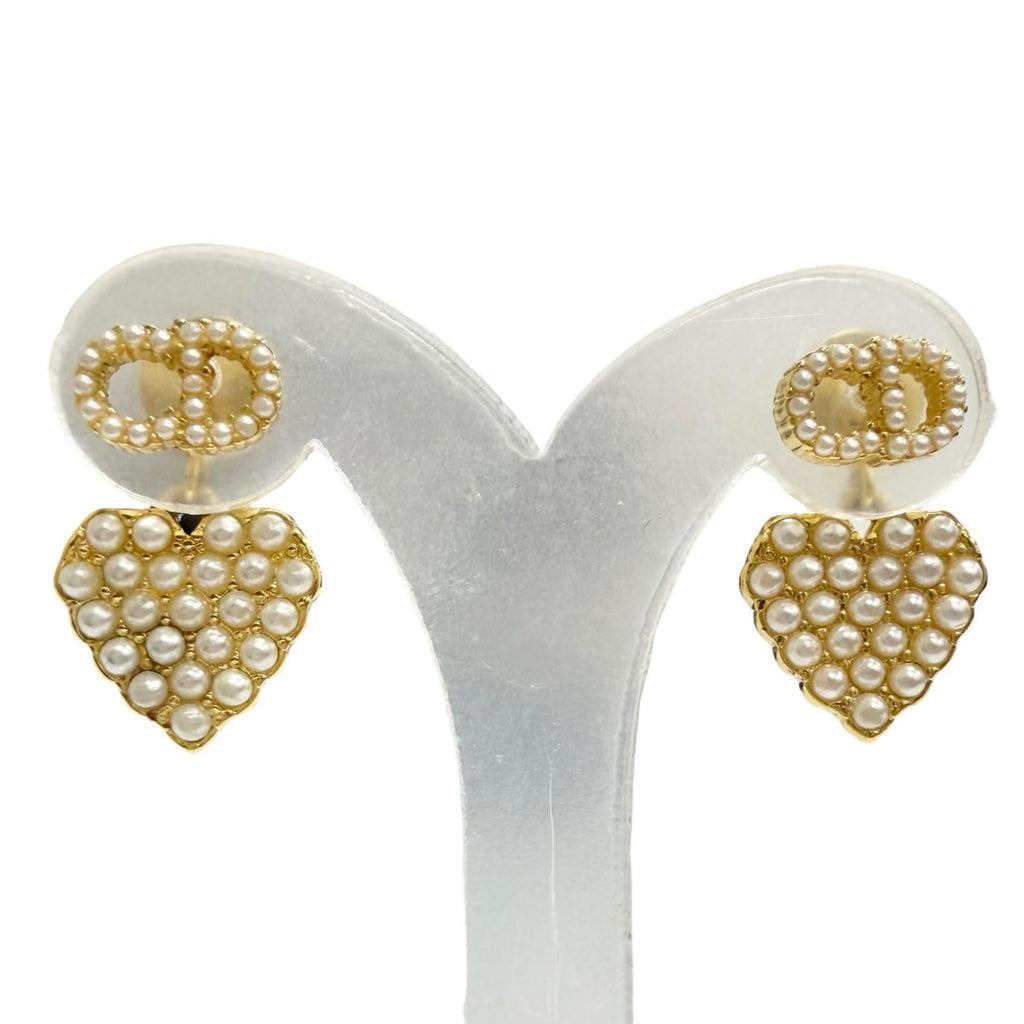 Dior Faux Pearl CD Logo Heart Motif Earrings Fringe for Both Ears Gold Box — view 3