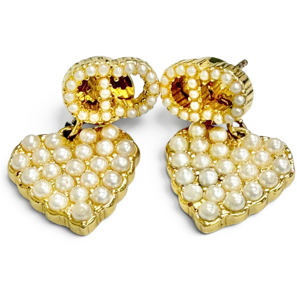 Dior Faux Pearl CD Logo Heart Motif Earrings Fringe for Both Ears Gold Box