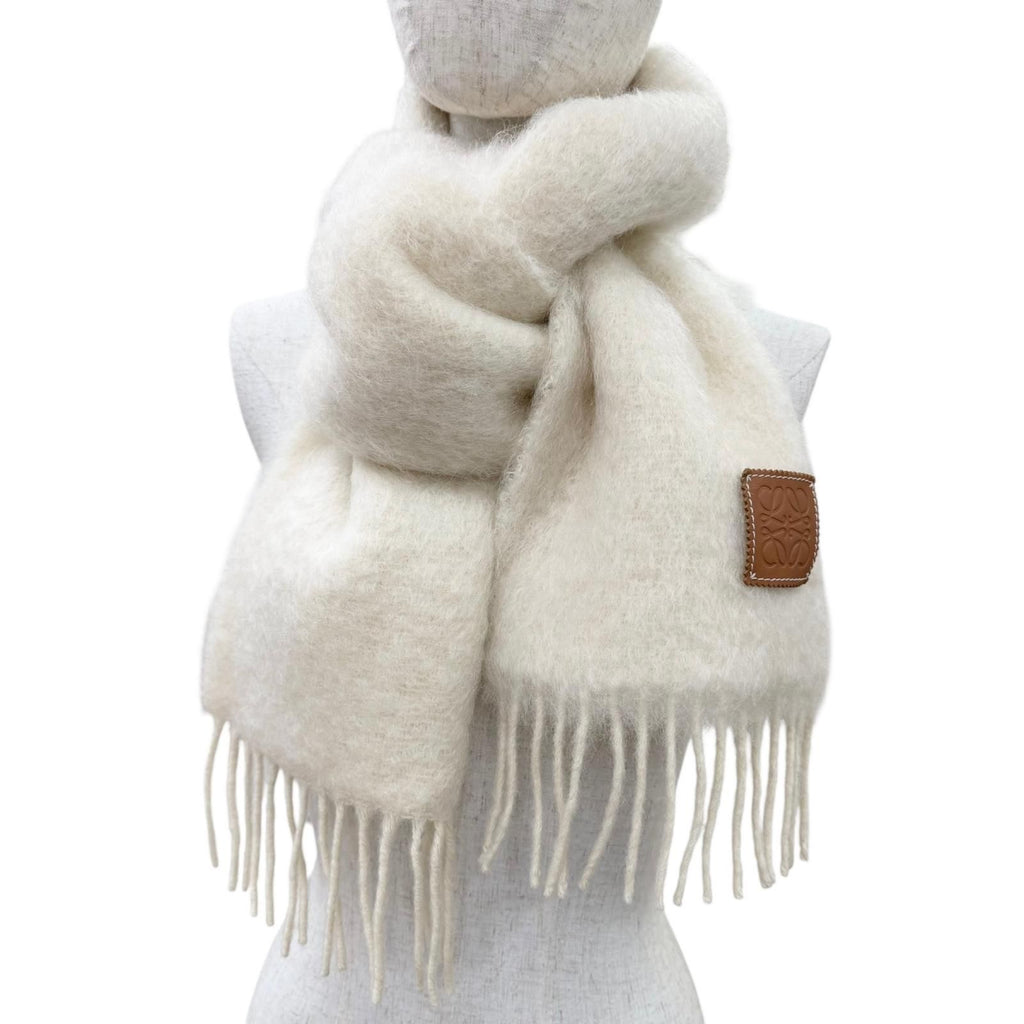 Loewe Mohair Wool Anag Lambskin Patch Fringe Scarf Ivory — view 3