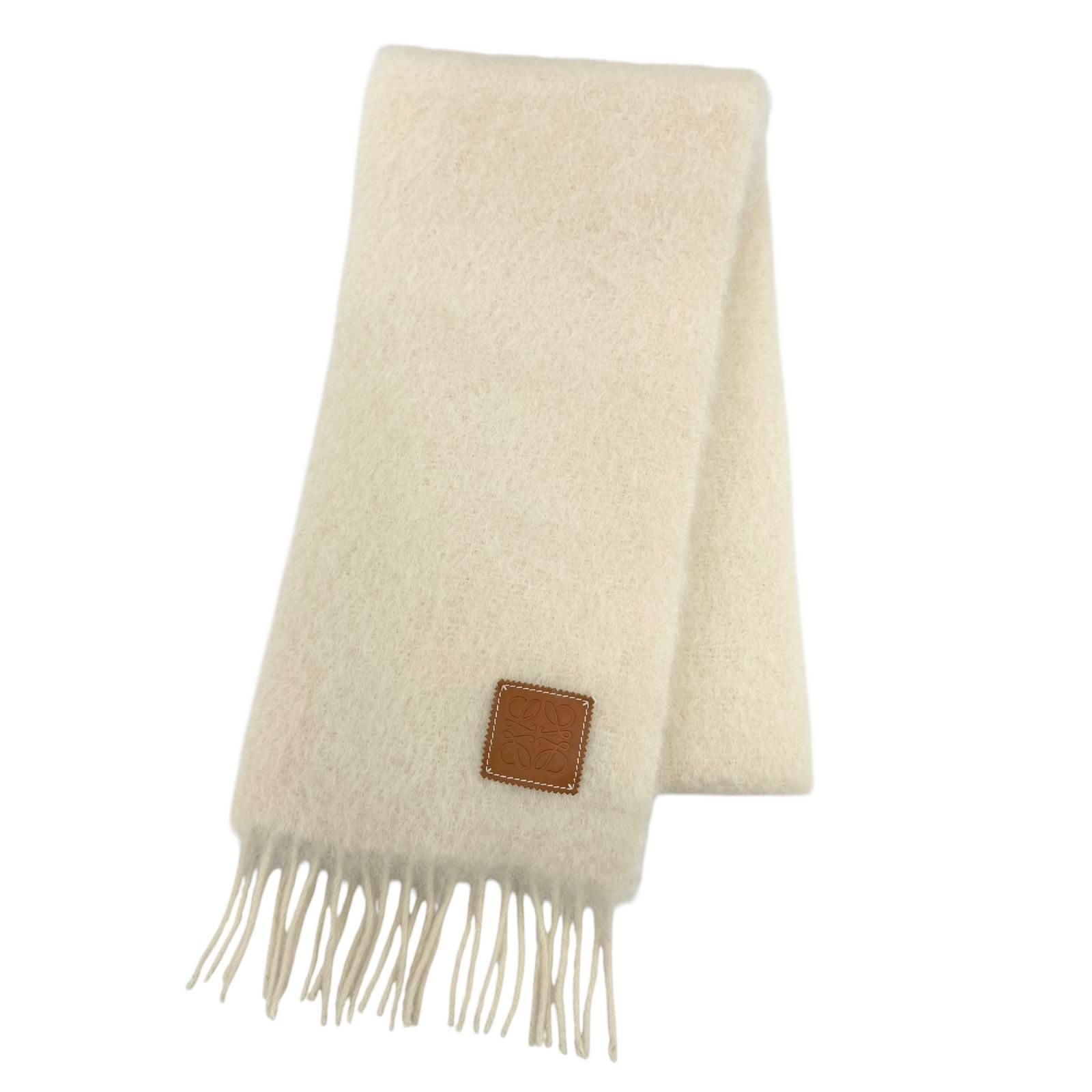 Loewe Mohair Wool Anag Lambskin Patch Fringe Scarf Ivory
