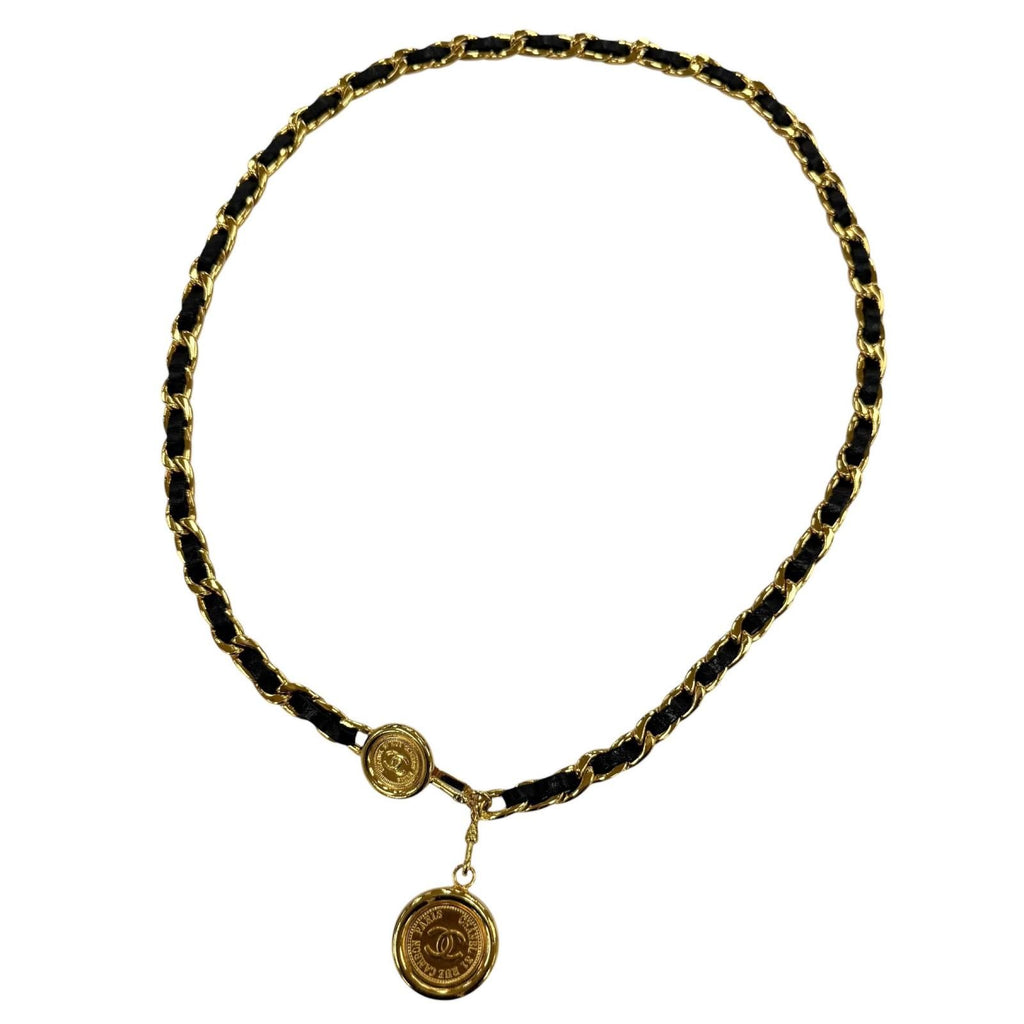 Chanel Vintage CC Logo Cambon Medal Leather Chain Belt Gold Black — view 3