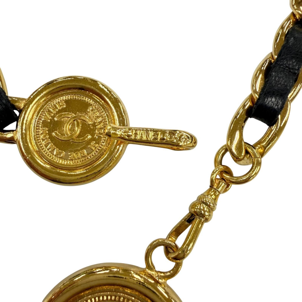 Chanel Vintage CC Logo Cambon Medal Leather Chain Belt Gold Black — view 7