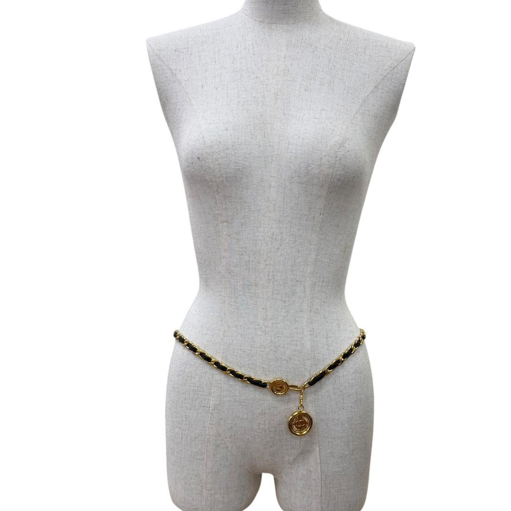 Chanel Vintage CC Logo Cambon Medal Leather Chain Belt Gold Black — view 4