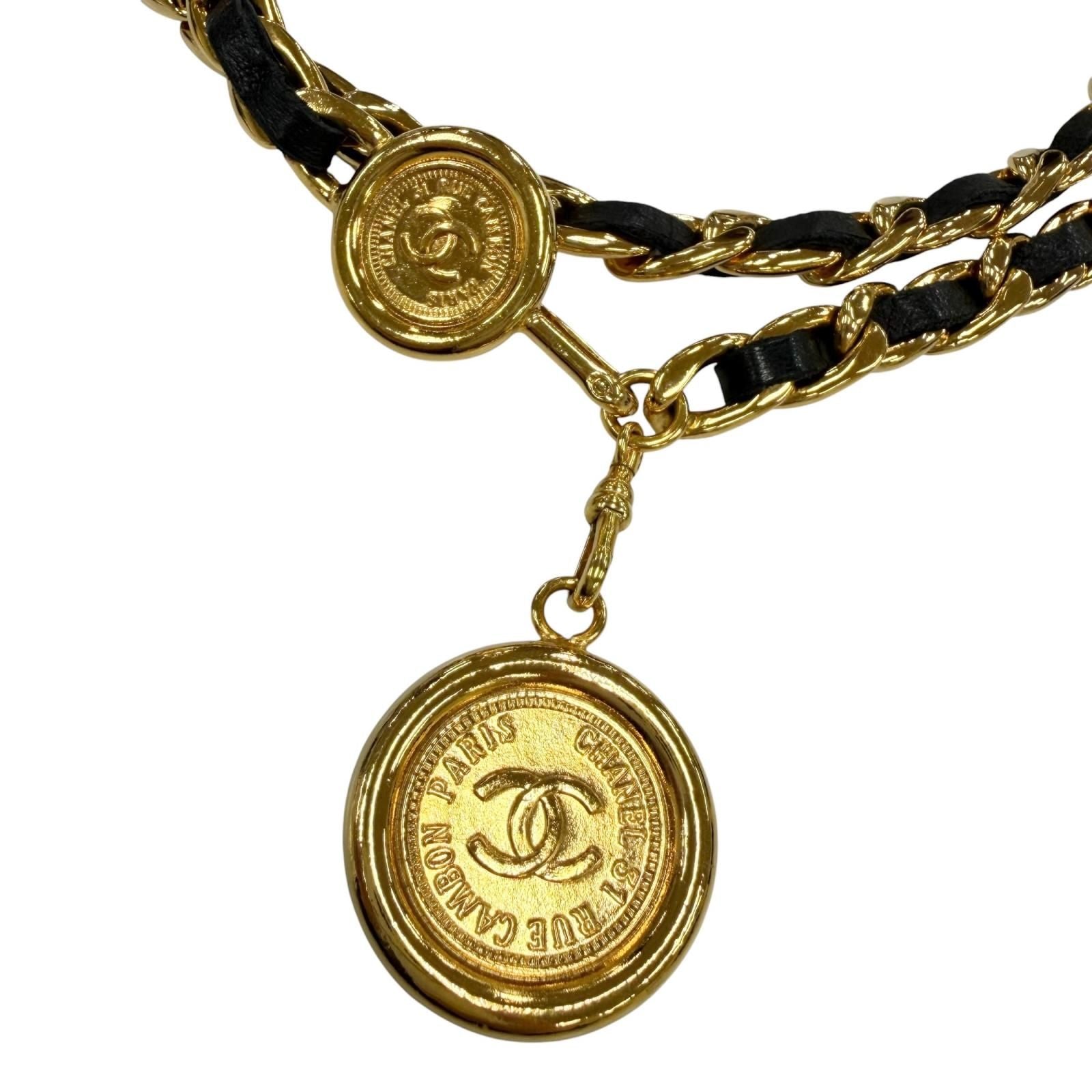 Chanel Vintage CC Logo Cambon Medal Leather Chain Belt Gold Black — view 5