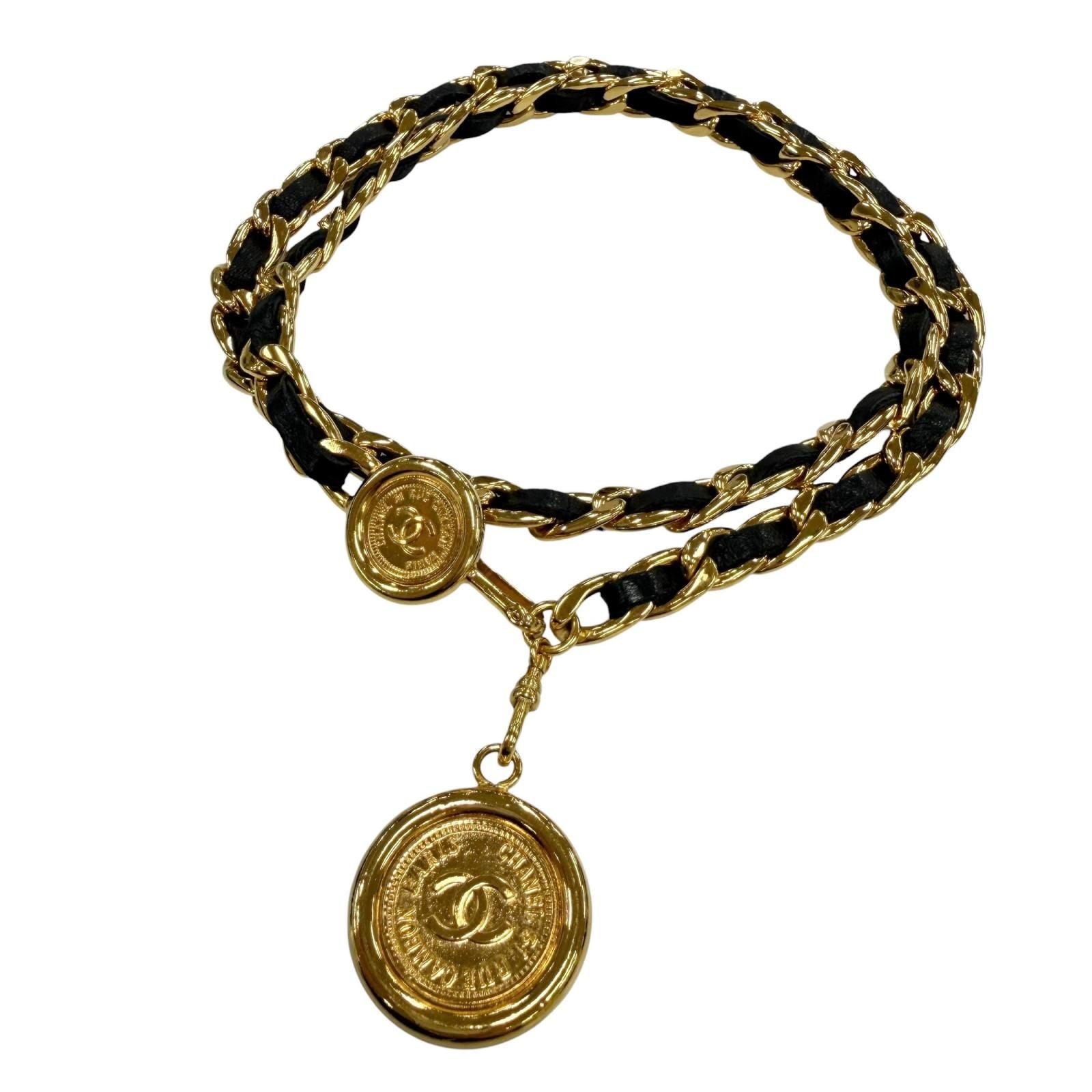 Chanel Vintage CC Logo Cambon Medal Leather Chain Belt Gold Black