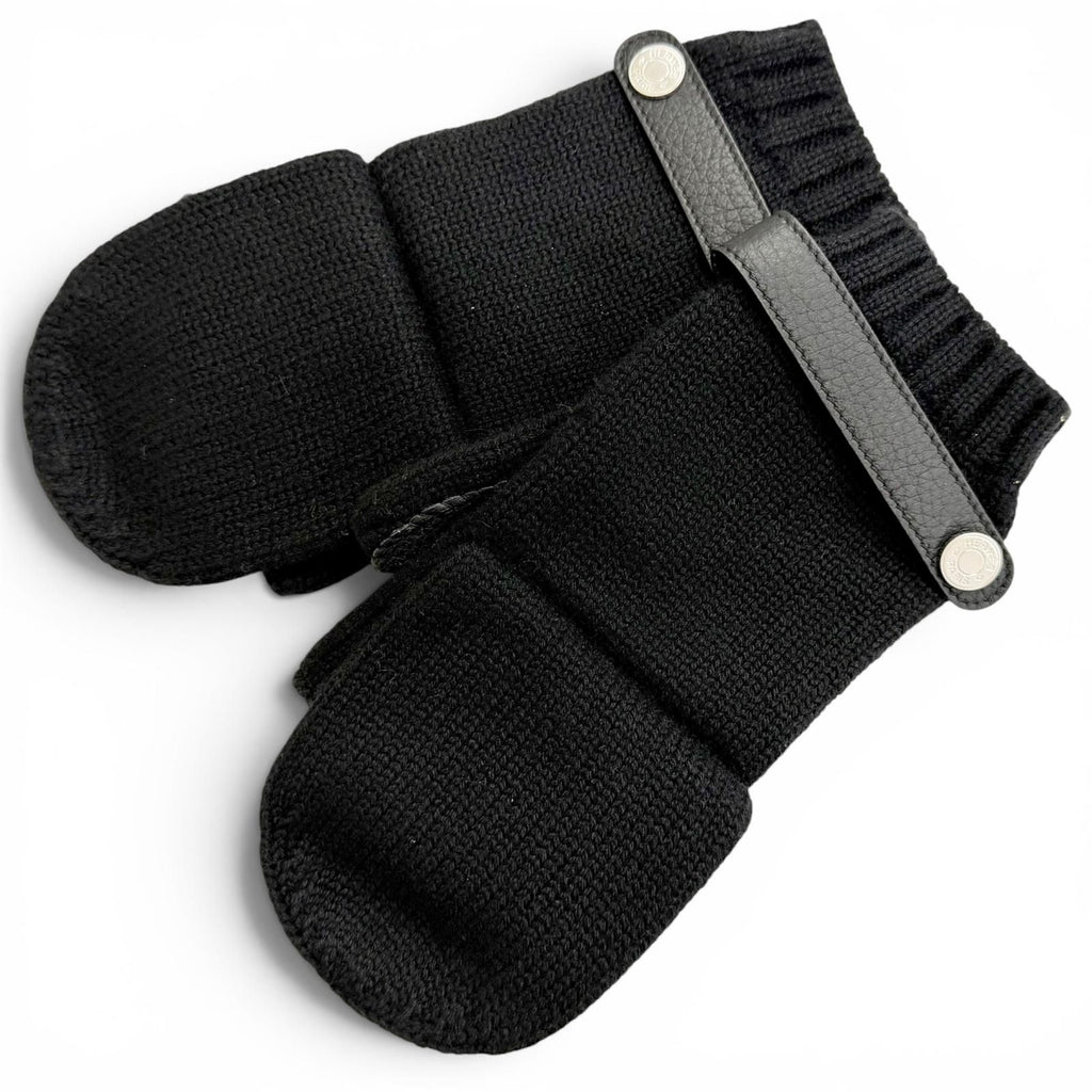 Hermes Lionel Cashmere 100% Series Button Deerskin Leather Knit Gloves Mittens