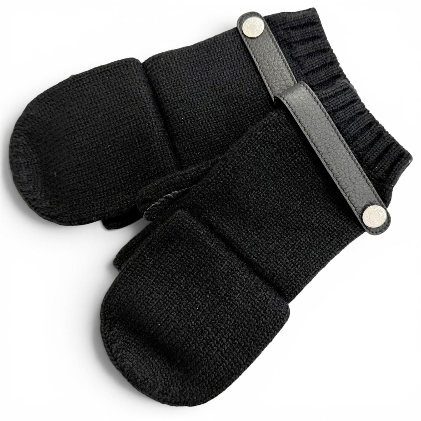 Hermes Lionel Cashmere 100% Series Button Deerskin Leather Knit Gloves Mittens