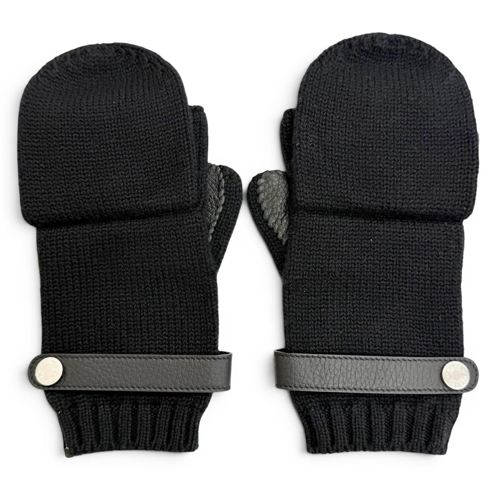 Hermes Lionel Cashmere 100% Series Button Deerskin Leather Knit Gloves Mittens — view 2