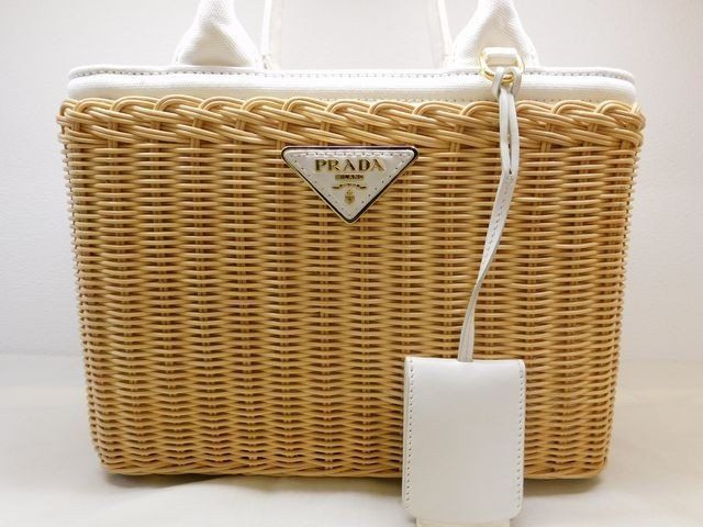 Prada Canapa Basket Bag Wicker 2-Way Natural White