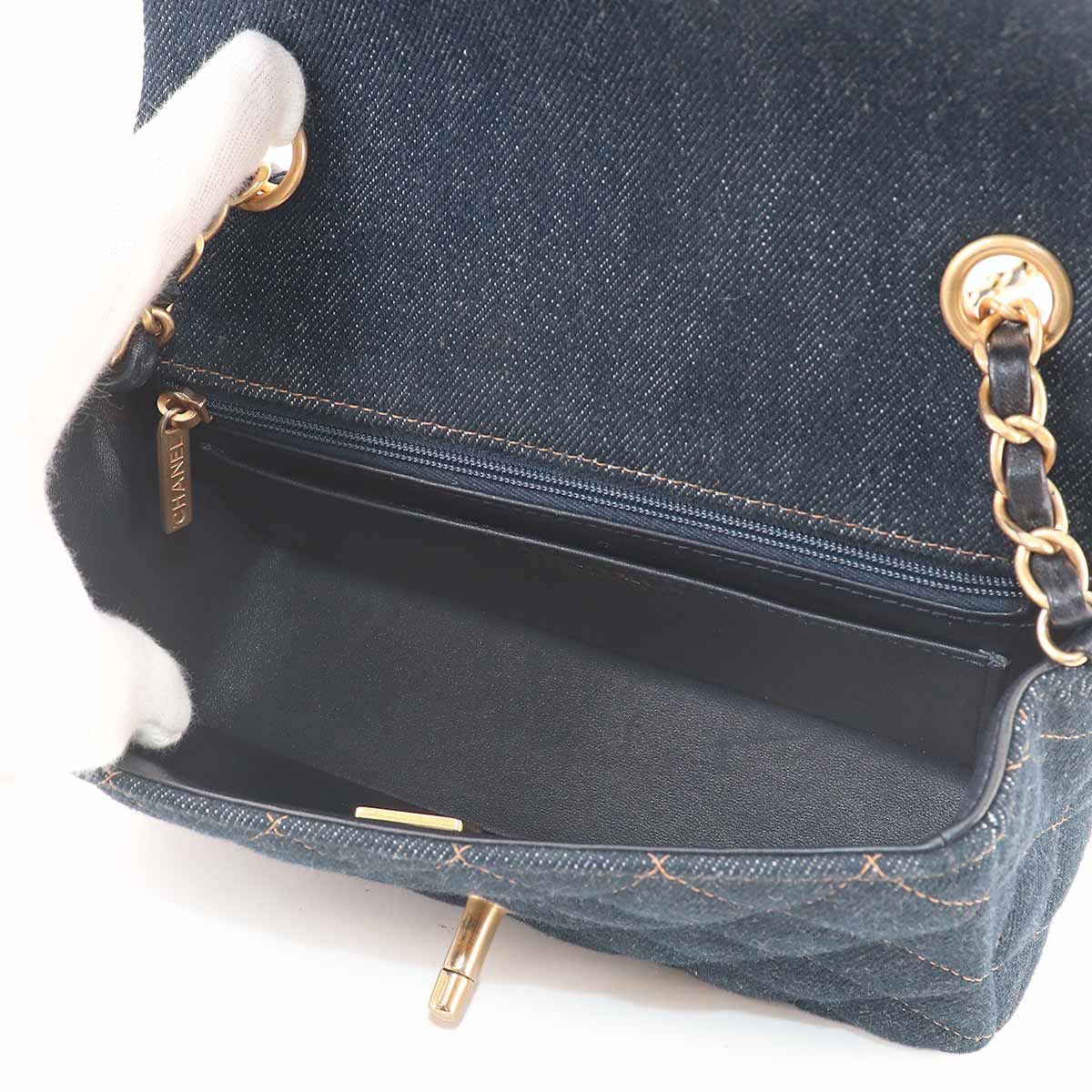 Chanel Mini Quilted Classic Chain Shoulder Bag Denim Dark Blue Gold — view 7
