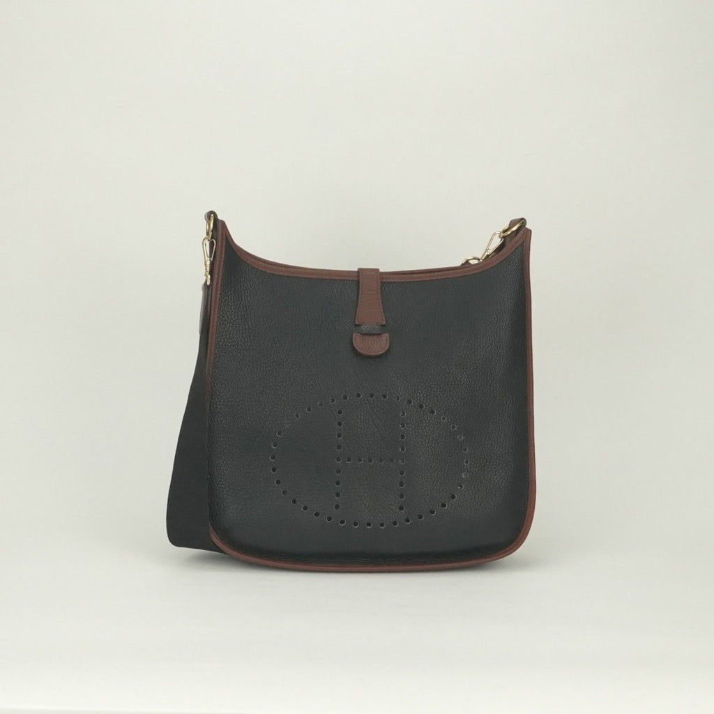 Hermes Evelyne Tote Shoulder Bag Togo Noir Black Brown Gold 2-Way Bicolor