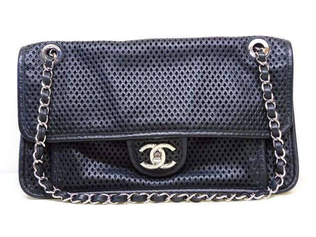 Chanel French Riviera Chain Shoulder Bag Perforated Leather Black