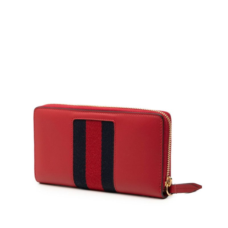 Gucci Sylvie Sherry Line Wallet Zip Around Red Navy Leather