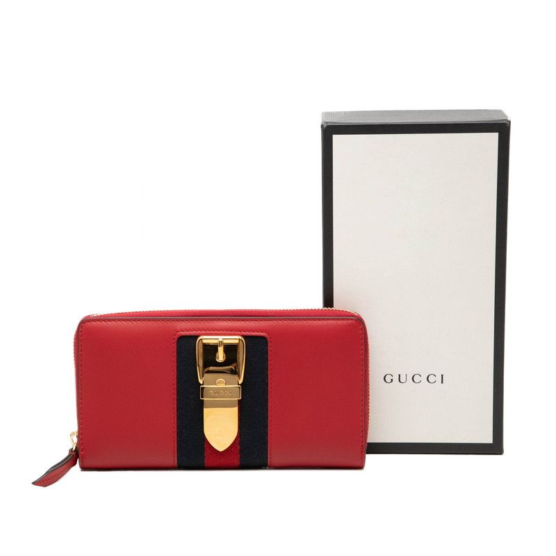 Gucci Sylvie Sherry Line Wallet Zip Around Red Navy Leather