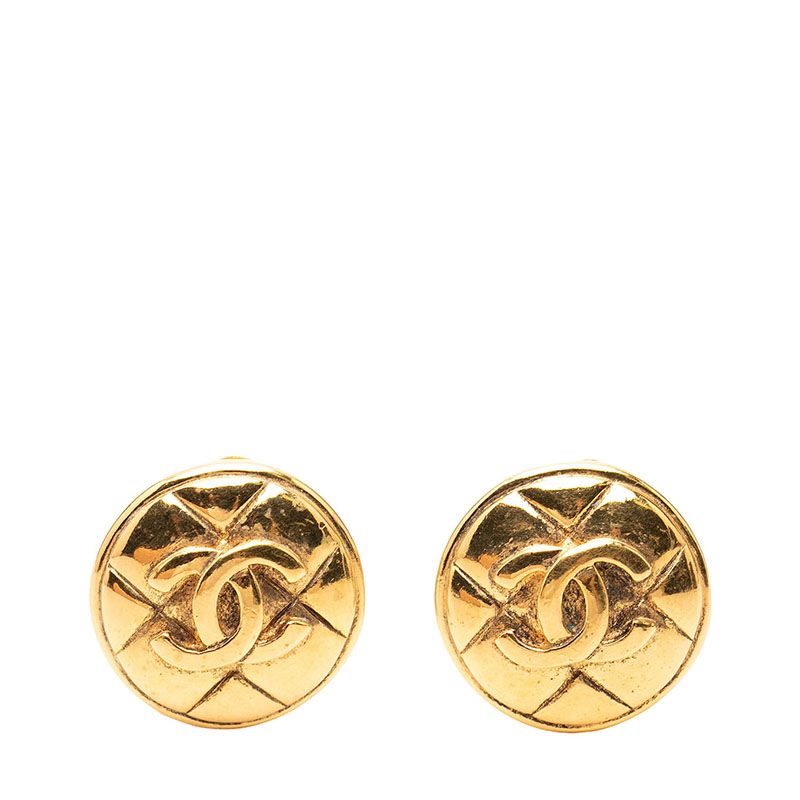 Chanel CC Logo Quilted Round Earrings Gold Plated