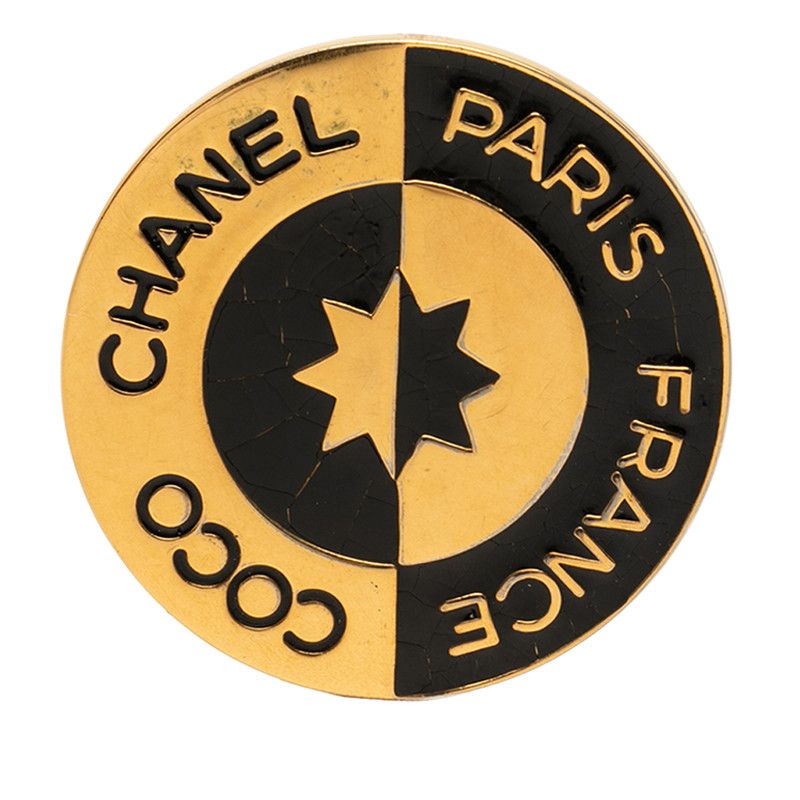 Chanel Coco Logo Round Brooch Gold Black Plated
