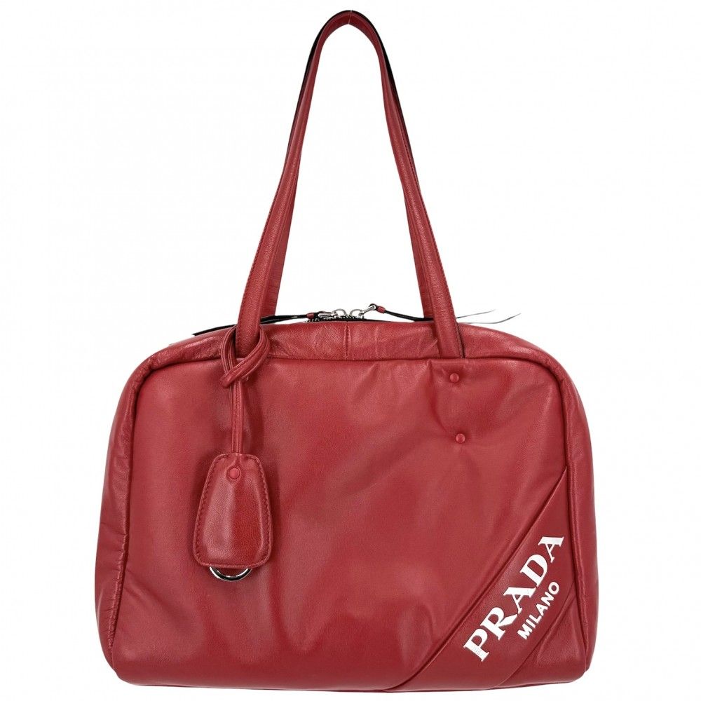 Prada Handbag Nappa Tote Leather Red Blue Silver