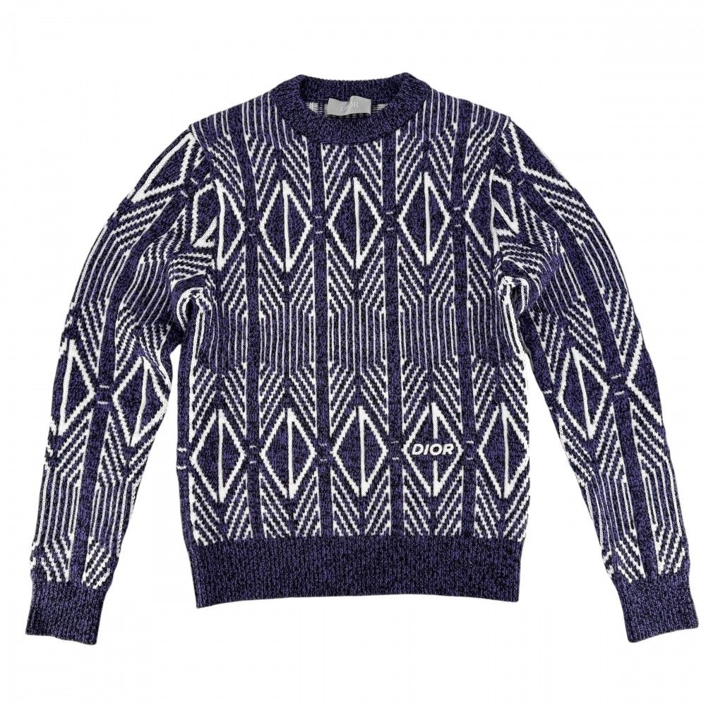Dior Homme Knit Diamond Striped Sweater Top XS Purple White Wool Polyester