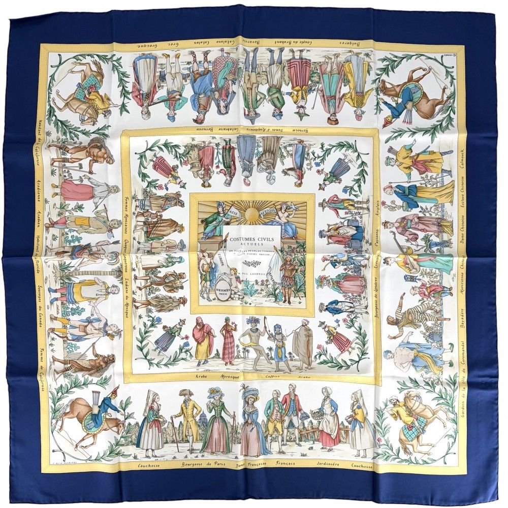 Hermes Scarf Carre 90 Costumes Civils Actuels Modern Citizen's Silk Blue Yellow