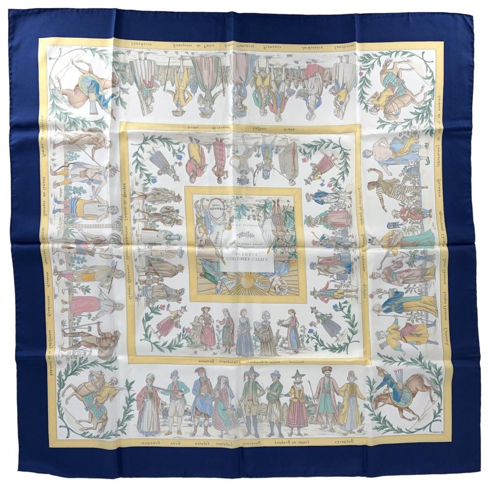 Hermes Scarf Carre 90 Costumes Civils Actuels Modern Citizen's Silk Blue Yellow — view 2