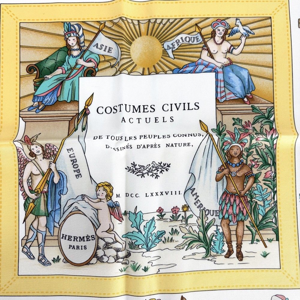 Hermes Scarf Carre 90 Costumes Civils Actuels Modern Citizen's Silk Blue Yellow — view 4