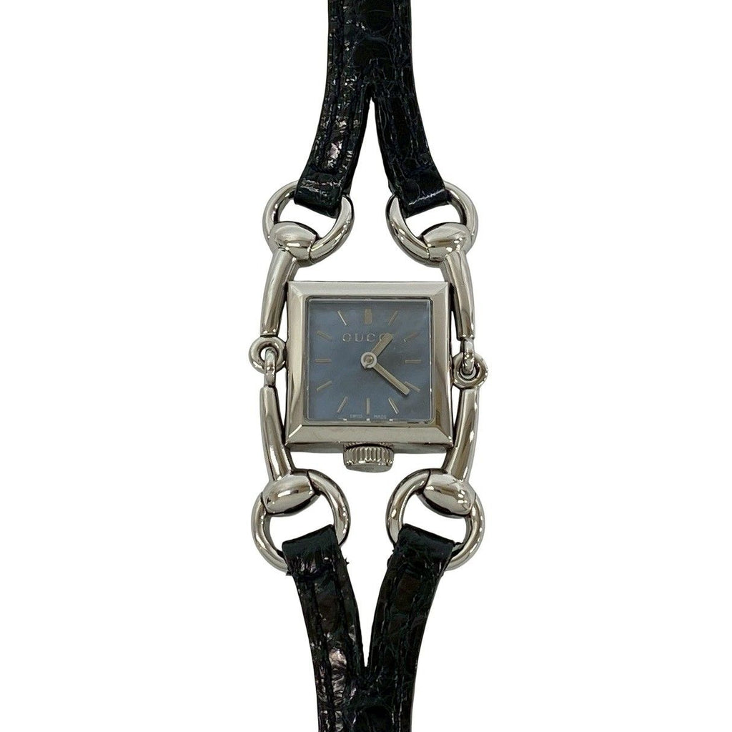 Gucci Signoria Stainless Steel Leather Quartz Watch Wrist Silver Black — view 5