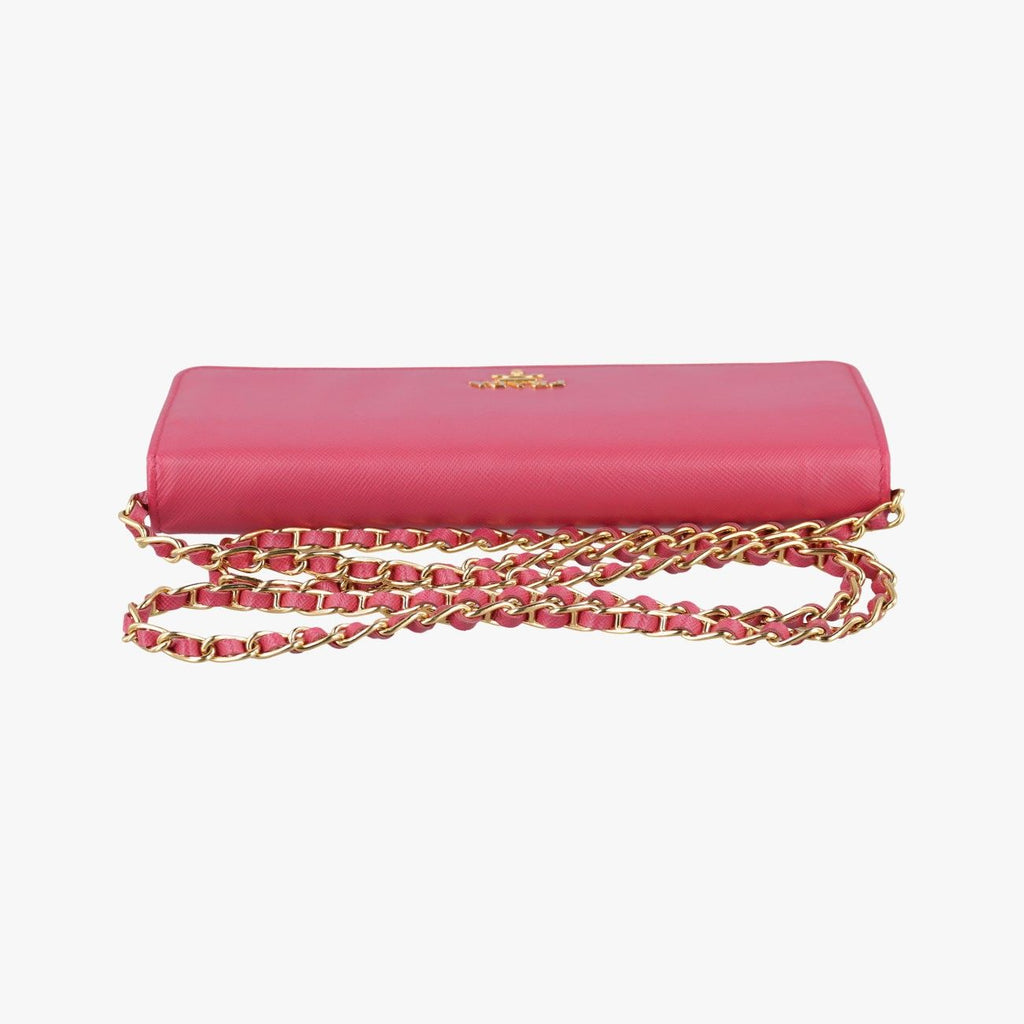 Prada Metal Wallet on Chain Cornflower Clutch Pink Saffiano Leather — view 8