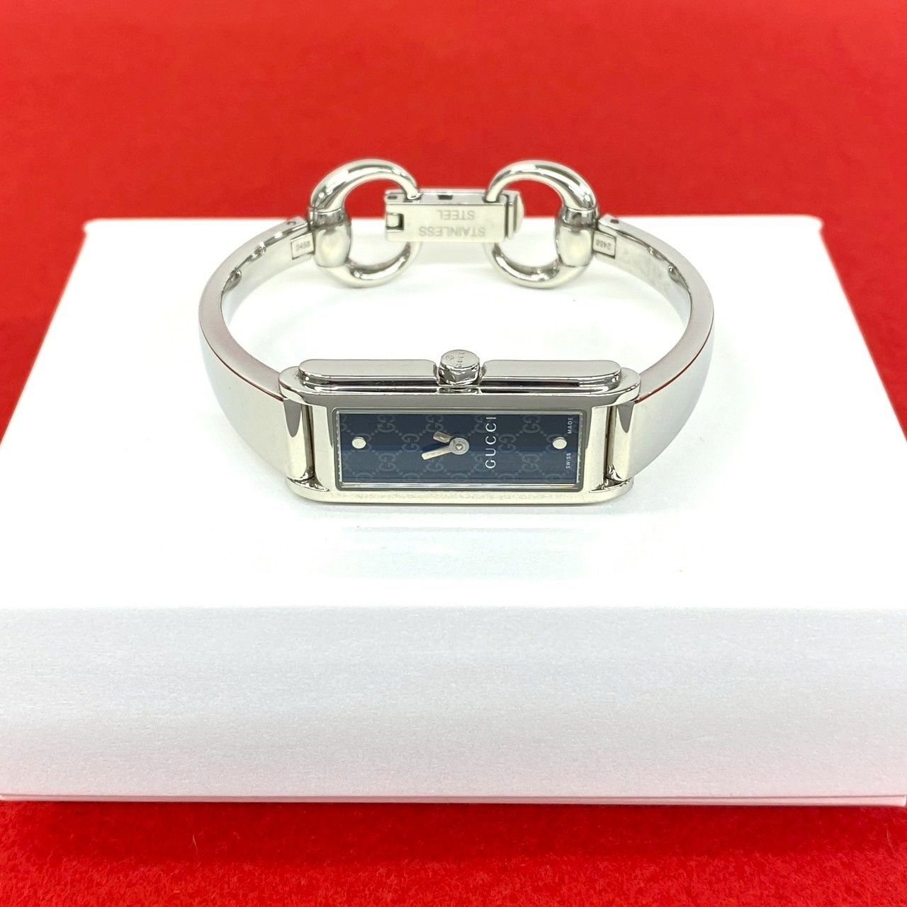 Gucci Bangle Watch Stainless Steel Quartz Wristwatch Silver Navy