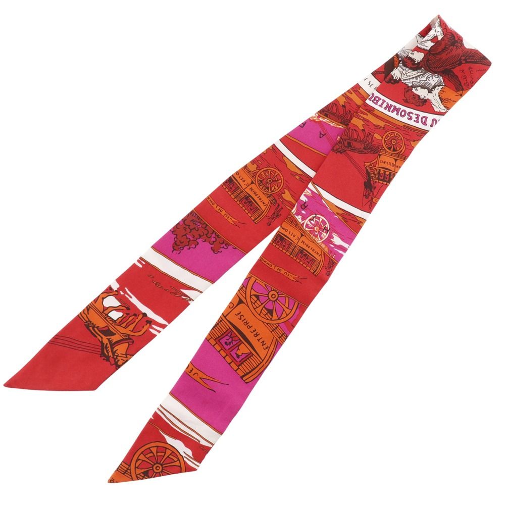 Hermes Twilly Jeu Des Omnibus Et Dames Blanches and White Game Silk Pink Scarf — view 2