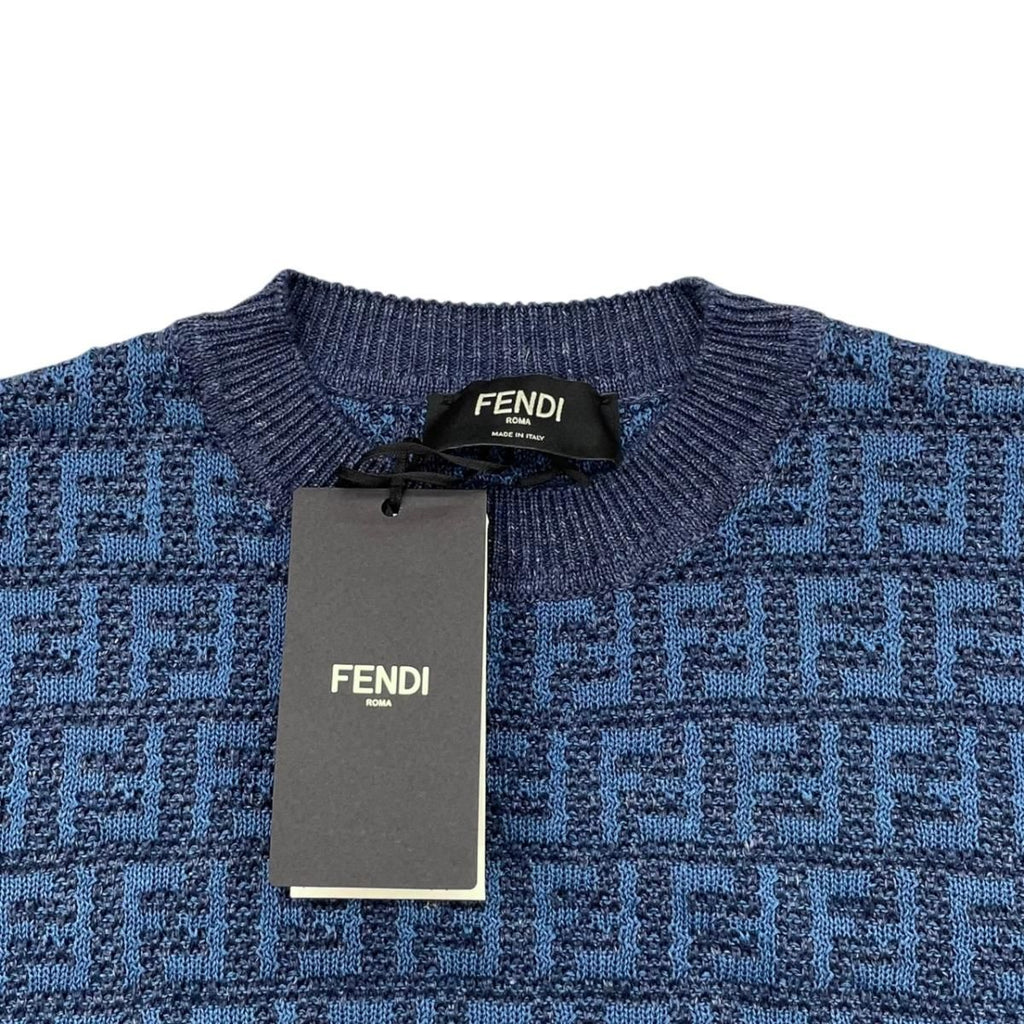Fendi Short Sleeve Sweater Short Knit 50 Linen Cotton FF Logo Blue — view 7