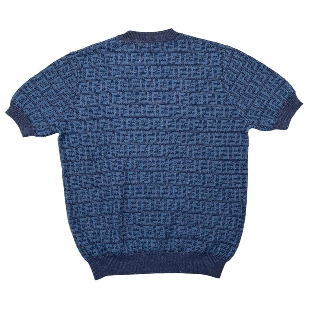 Fendi Short Sleeve Sweater Short Knit 50 Linen Cotton FF Logo Blue — view 2