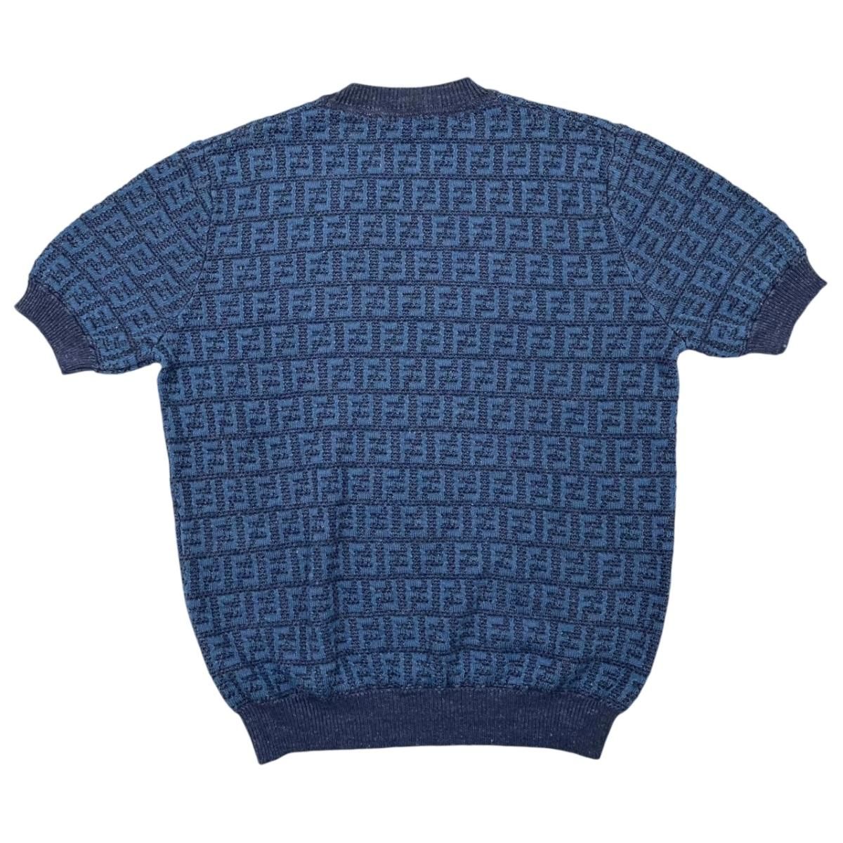 Fendi Short Sleeve Sweater Short Knit 50 Linen Cotton FF Logo Blue — view 2