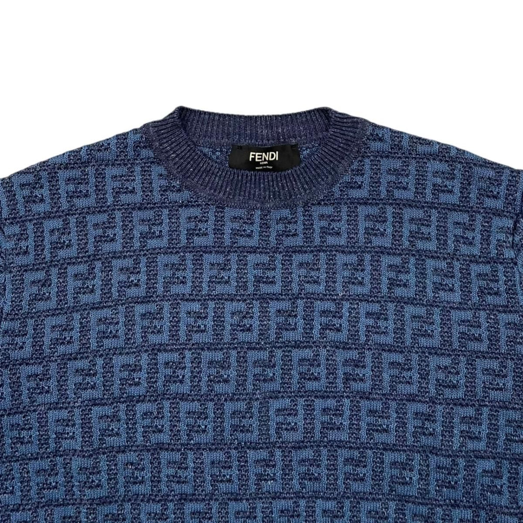 Fendi Short Sleeve Sweater Short Knit 50 Linen Cotton FF Logo Blue — view 3