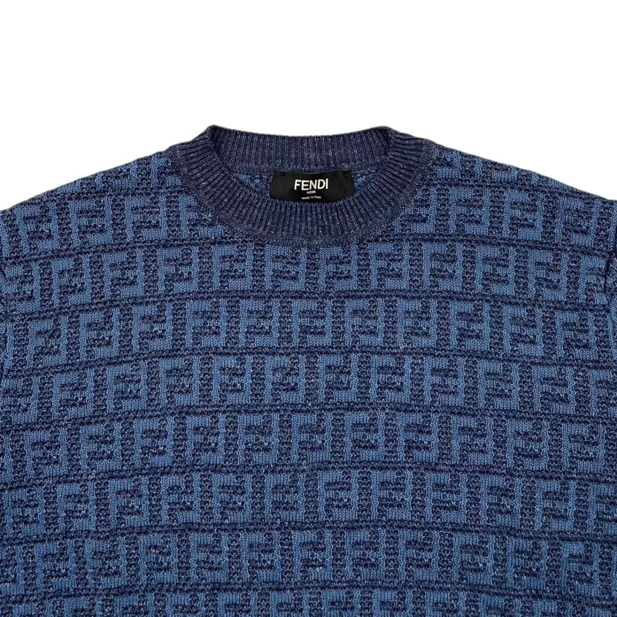 Fendi Short Sleeve Sweater Short Knit 50 Linen Cotton FF Logo Blue — view 3