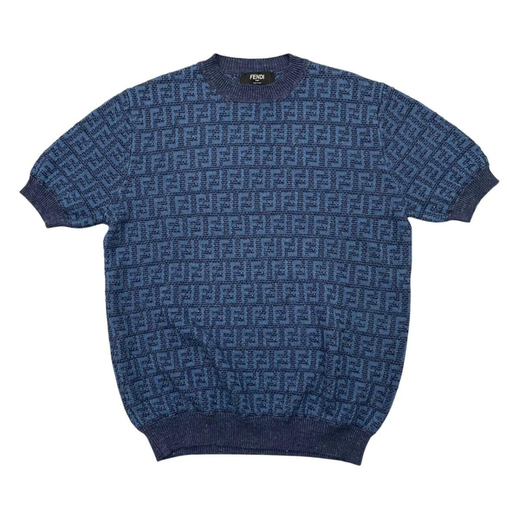 Fendi Short Sleeve Sweater Short Knit 50 Linen Cotton FF Logo Blue