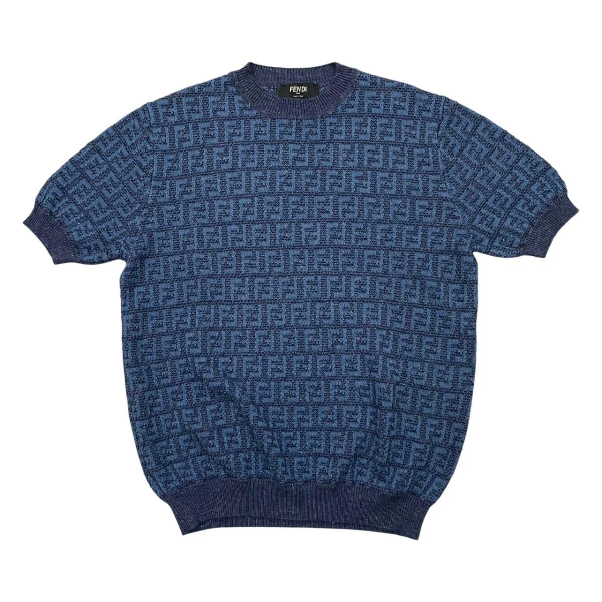 Fendi Short Sleeve Sweater Short Knit 50 Linen Cotton FF Logo Blue