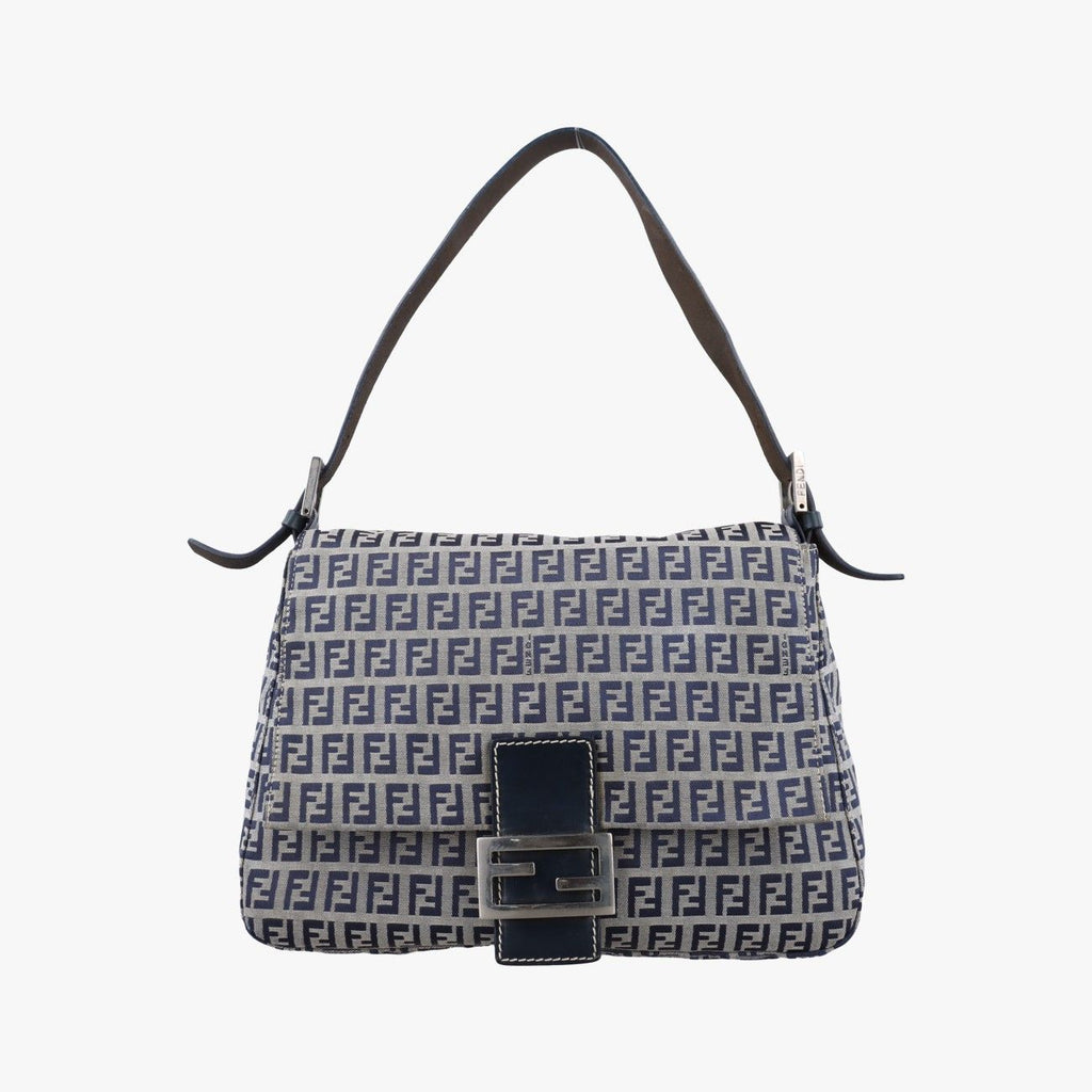 Fendi Mamma Bucket Zucchino Pattern Navy Gray Canvas Leather Shoulder