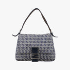 Fendi Mamma Bucket Zucchino Pattern Navy Gray Canvas Leather Shoulder