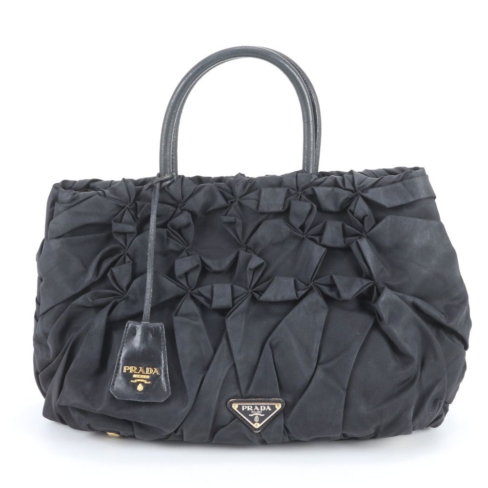 Prada Tessuto Nylon Gathered Triangle Logo Leather Tote Shoulder