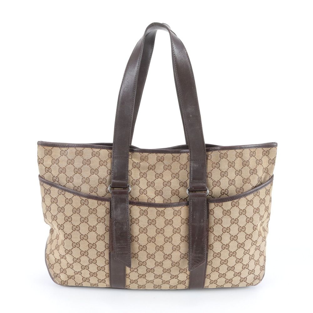 Gucci GG Canvas Leather Tote Shoulder Business Document Brown
