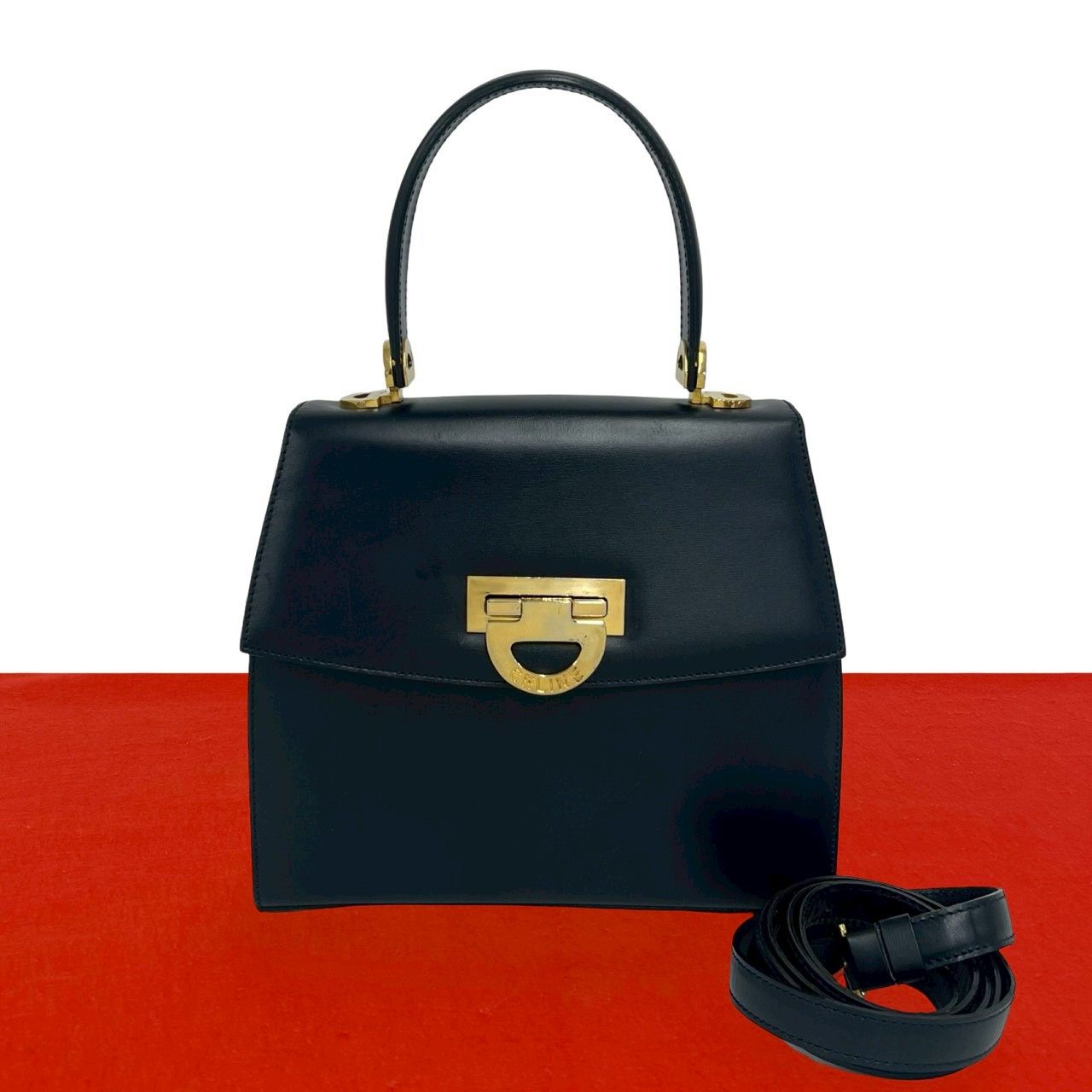 Celine Vintage Logo Calf Leather 2-Way Mini Tote Shoulder Bag Navy