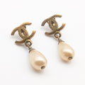 Chanel Earrings CC Logo Gold Faux Pearl Drop Swing Vintage