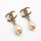 Chanel Earrings CC Logo Gold Faux Pearl Drop Swing Vintage