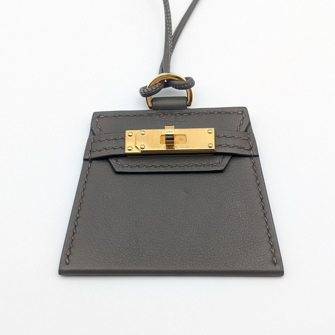 Hermes Montpetit Kelly GM Etain Leather Gray Gold Bag Motif Necklace