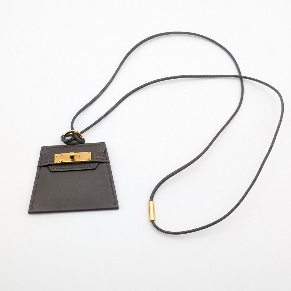 Hermes Montpetit Kelly GM Etain Leather Gray Gold Bag Motif Necklace — view 8